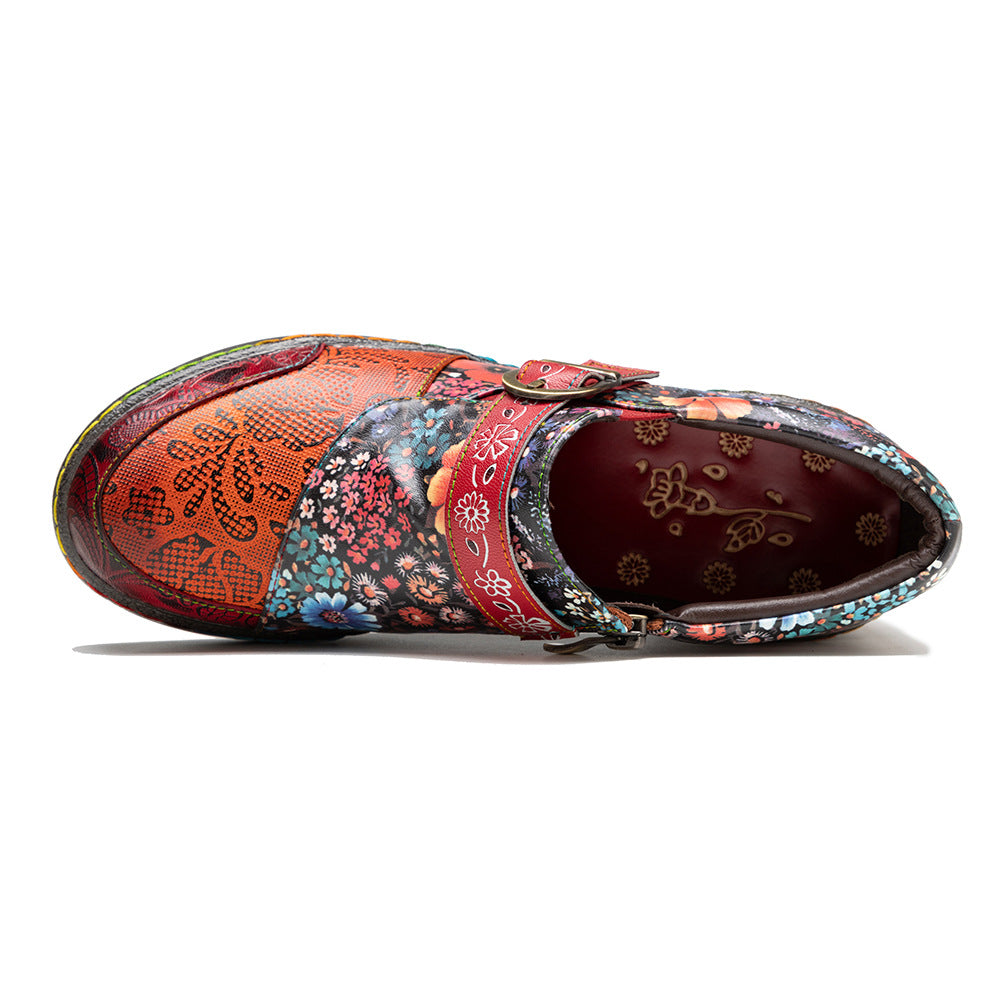 Socofy spring retro women's shoes genuine leather ethnic style flat shoes