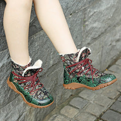 Socofy Handmade Printed Leather Short Boots
