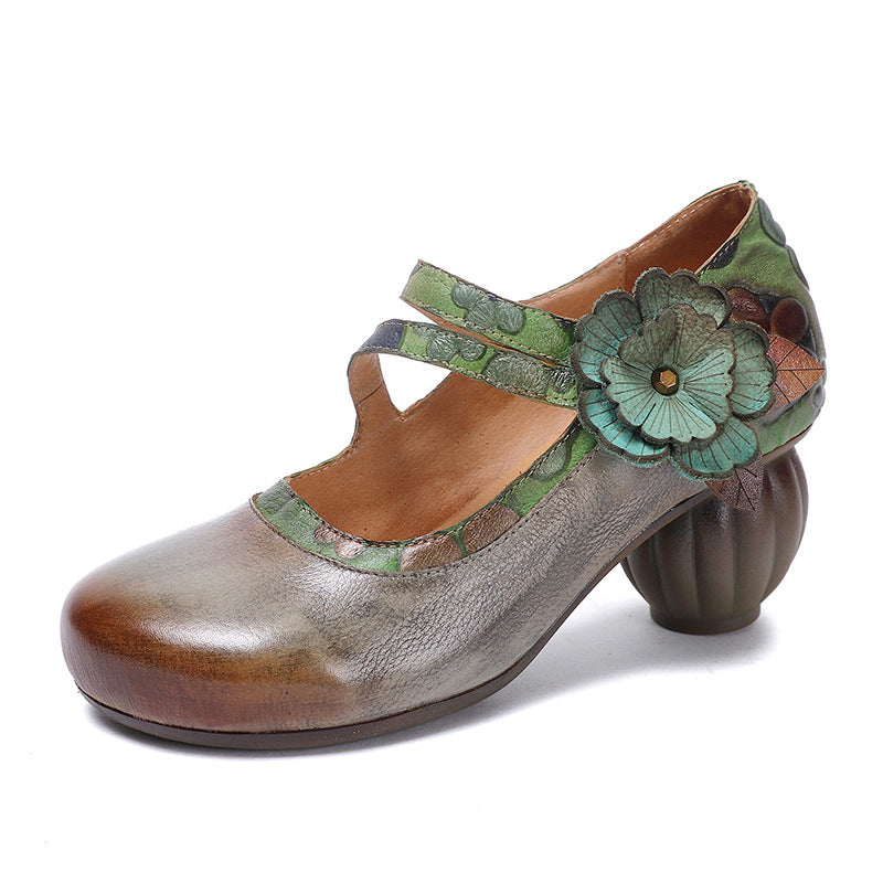 Socofy Summer Breeze Retro Handmade Leather Floral High Heel Closed Toe Shoes