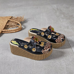 Socofy Handmade Ethnic Style Leather Floral Platform Slippers