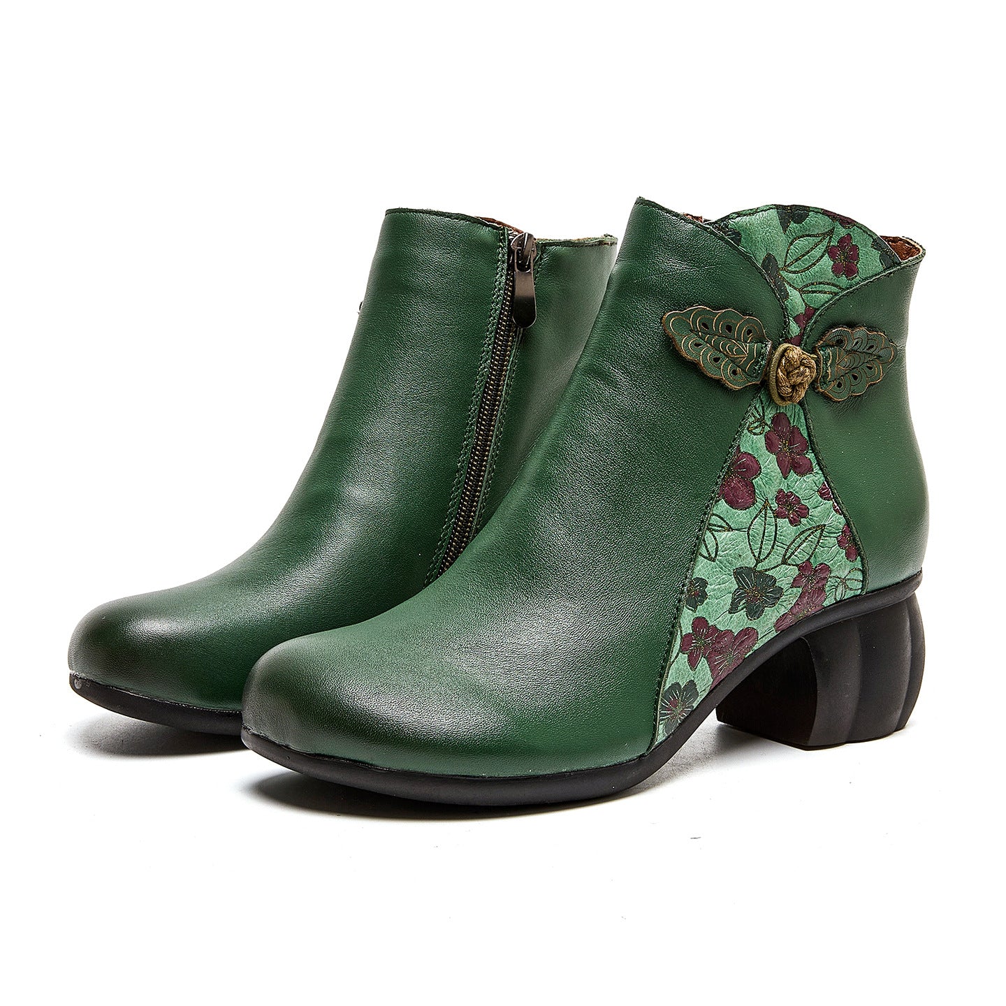 Socofy Full Grain Leather Mid Heel Short Boots