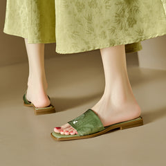 Socofy Square Toe Vintage Ethnic Flat Slippers