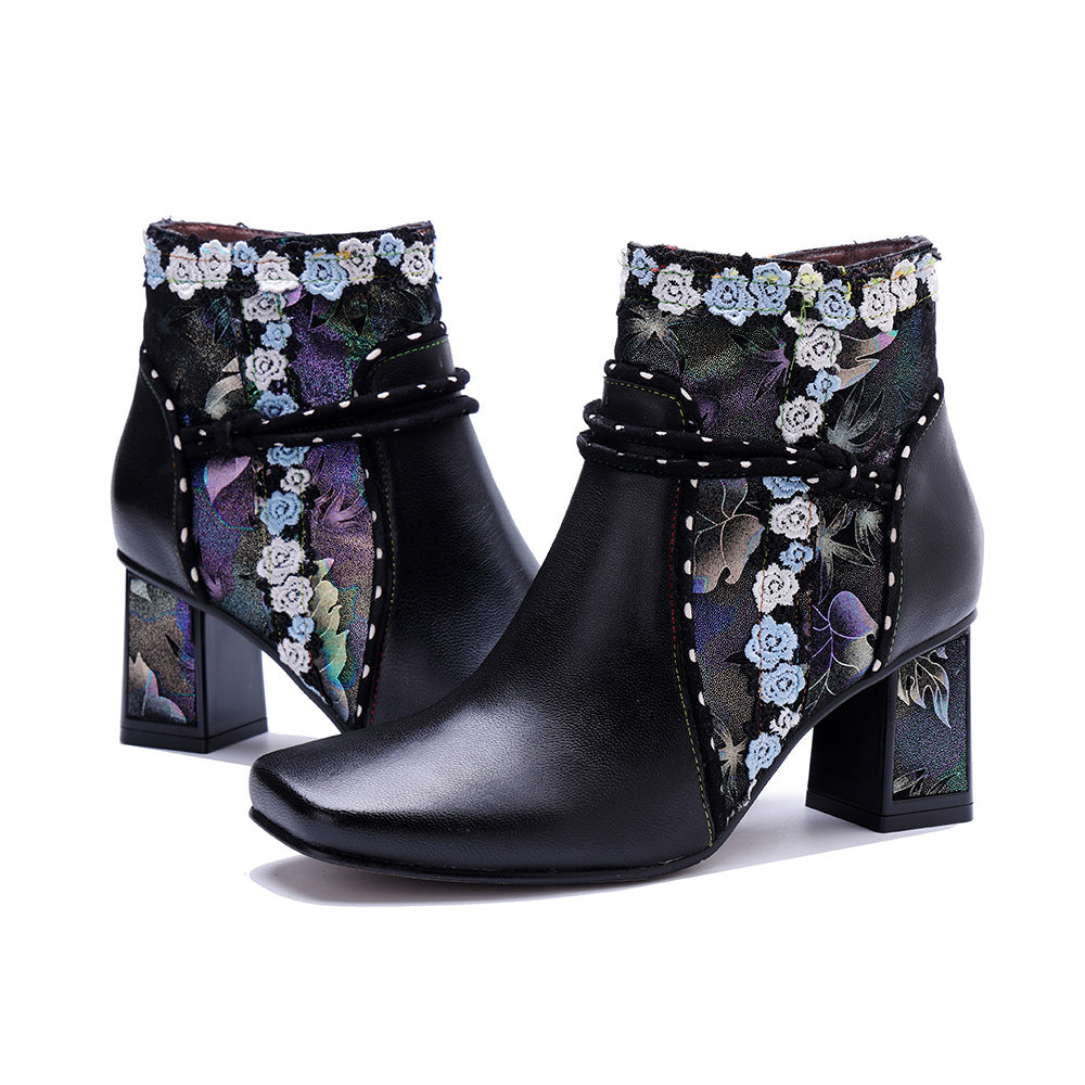 Socofy Retro Grace Handmade Leather Chunky Heel Boots