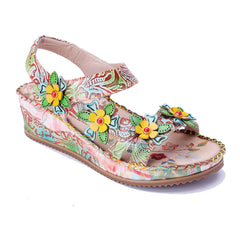 Socofy Handmade Leather Retro Floral Sandals
