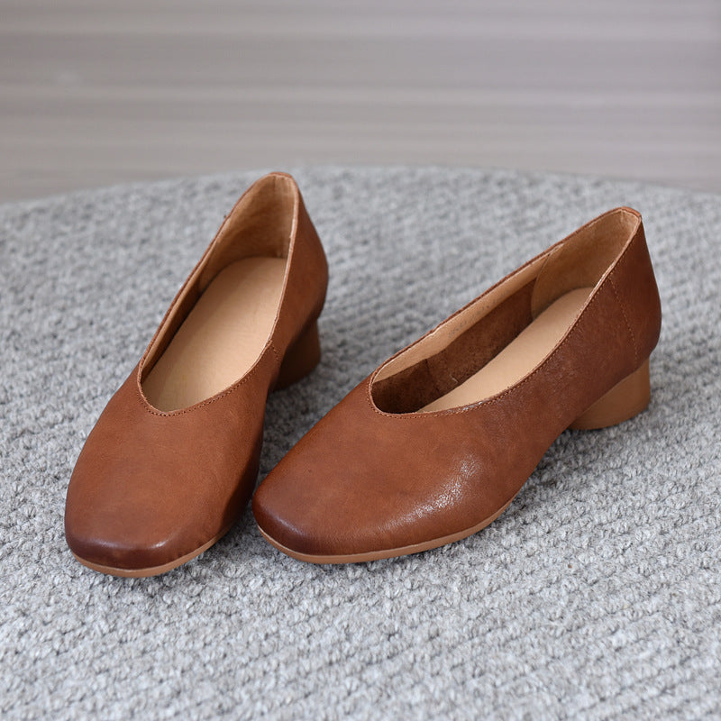 2025 Vintage Genuine Leather Mid Heel Scuffed Flat Shoes