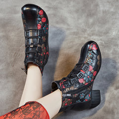 Socofy Top Grain Leather Chunky Heel Short Boots