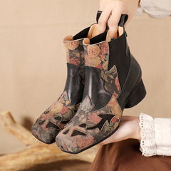 Socofy Handmade Leather Chinese Style Square Toe Engraved Short Boots