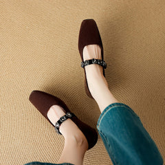 Socofy Autumn Square Toe Sheepskin Metal Buckle Chunky Heel Shoes