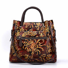 Socofy Top Grain Leather Sculpted Floral Tote Bag