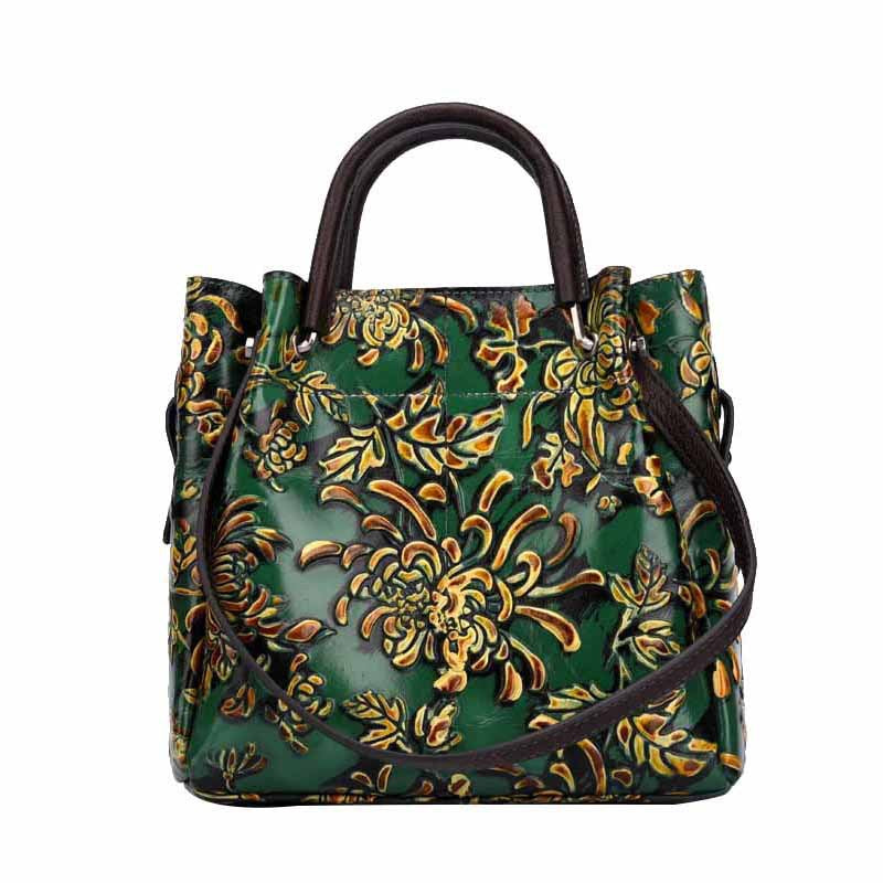Socofy Top Grain Leather Sculpted Floral Tote Bag