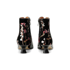 Socofy Handmade Floral Leather Ethnic Mid Heel Boots