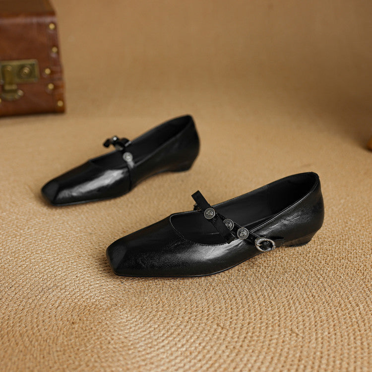 Socofy Spring Autumn Square Toe Leather Flat Heel Shoes