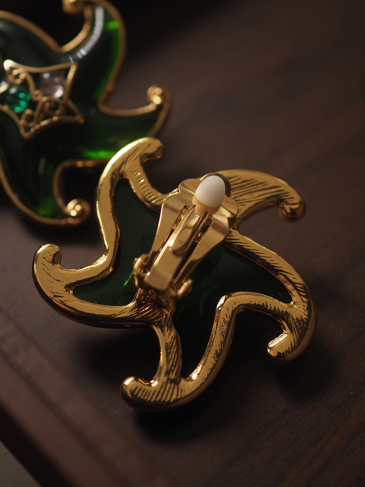 Starfish and Starfish Glass Emerald Ear Clips