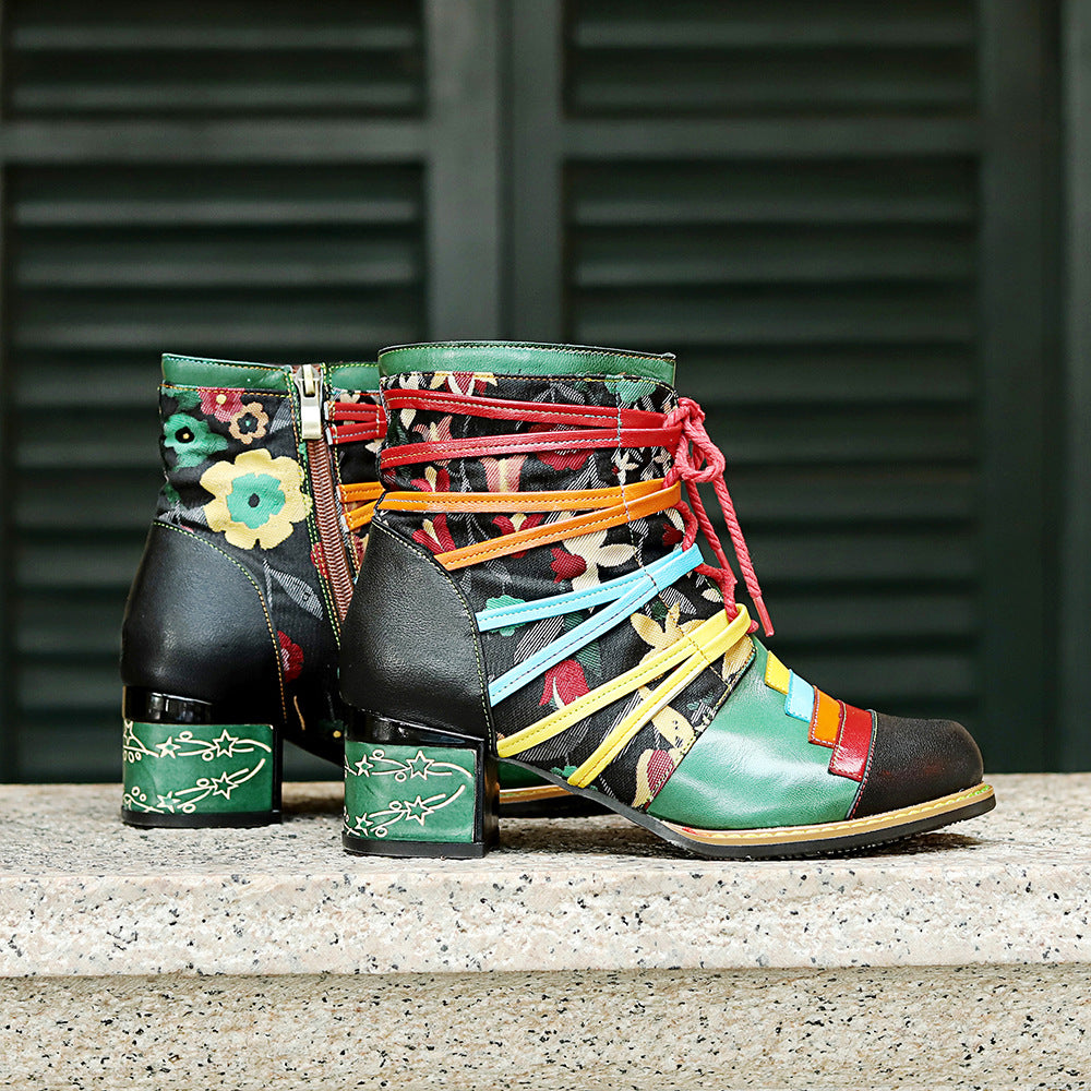 Socofy Printed Patchwork Leather Short Boots
