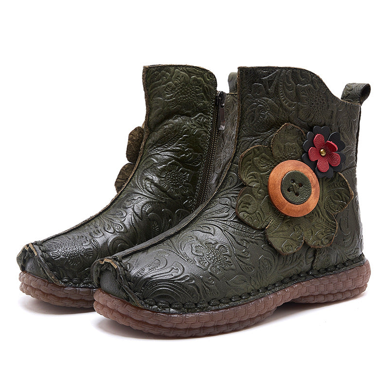 Socofy Vintage Leather Flat Cotton Boots
