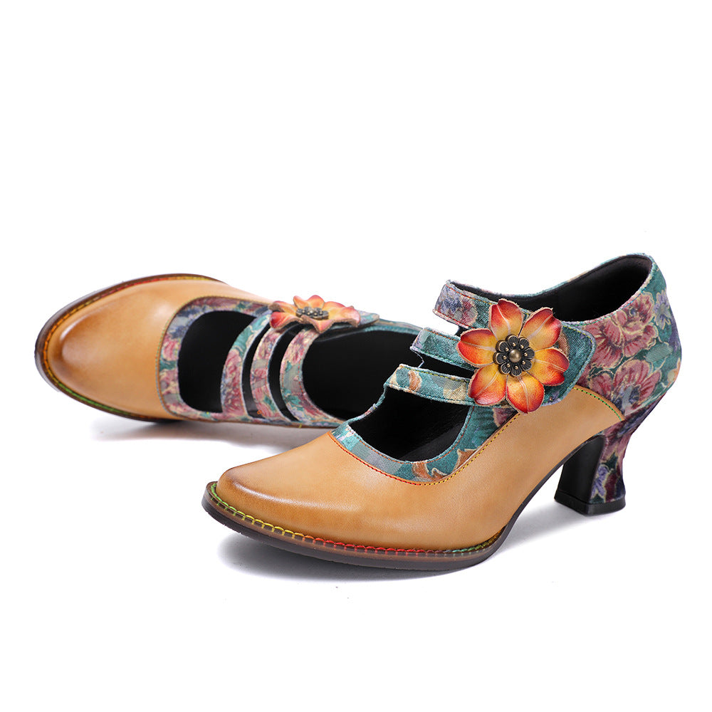 Socofy Leather Flower Decoration Embroidered High Heeled Sandals
