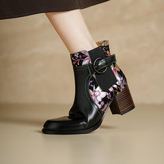 Socofy Autumn Winter Round Toe Color Block Leather Short Boots