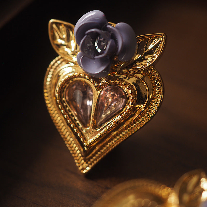 Vintage Love Heart Dark Night Rose Ear Clips