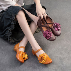 Socofy Vintage Top Grain Leather Flower Flats