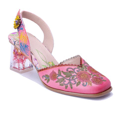 Socofy Handmade Leather Palace Style Carved High Heel Sandals