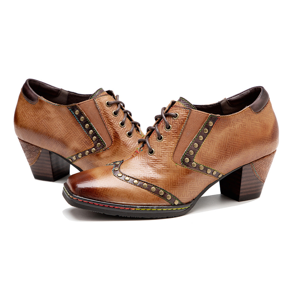 Socofy Genuine Leather Retro Brown Strappy Thick Heel Women's High Heels