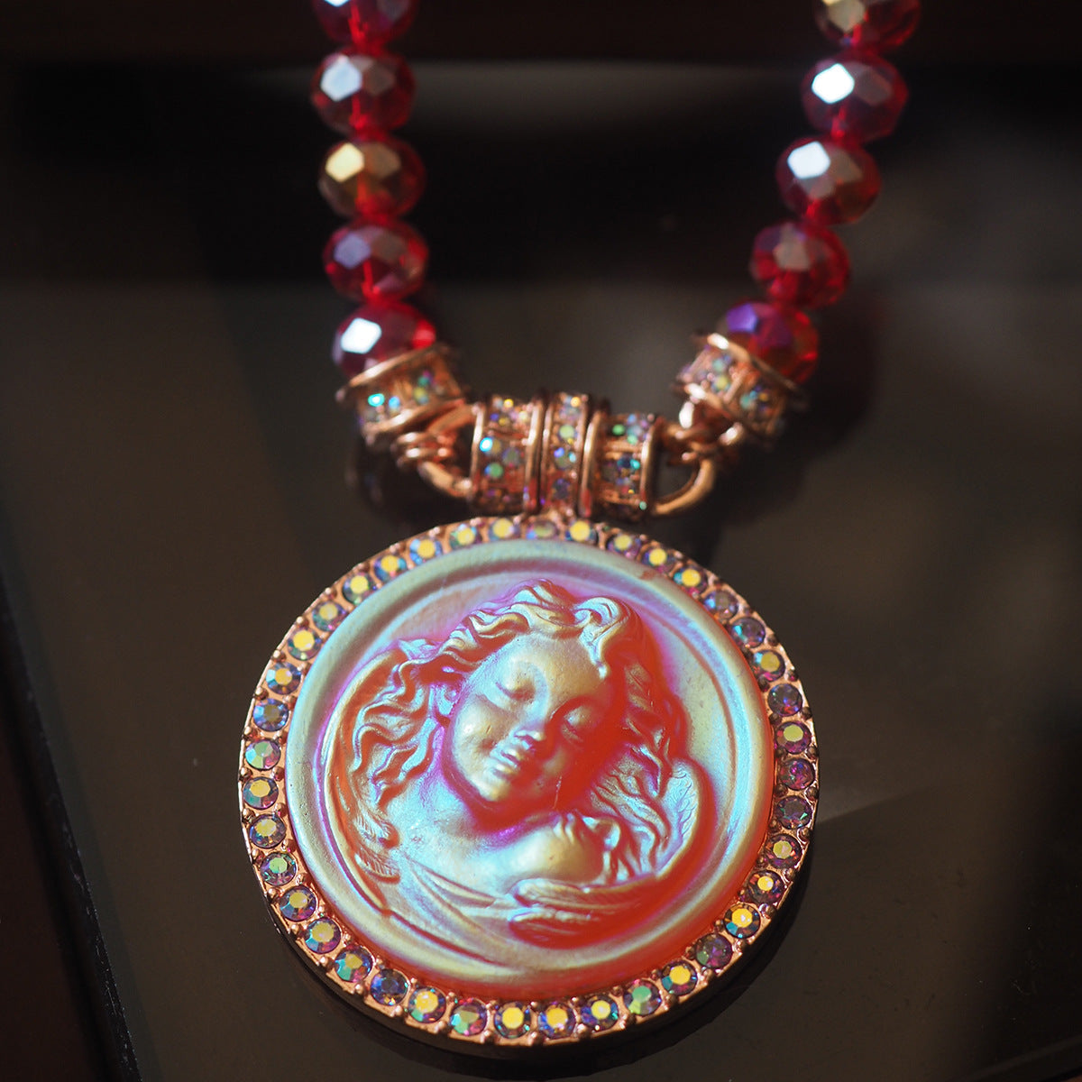 Handmade Sleeping Angel Cameo Crystal Beaded Necklace