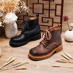 Socofy Retro Leather Mid Heel Martin Boots