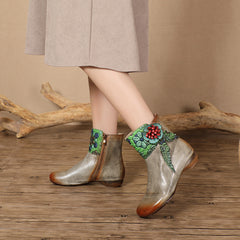 Socofy Handmade Leather Floral Round Toe Low Heel Boots