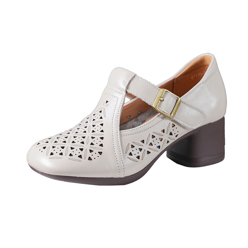 Socofy Vintage Leather Cutout Sandals