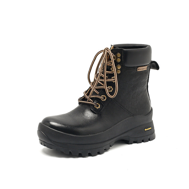 Socofy Retro Leather Thick Sole Mid Heel Martin Boots