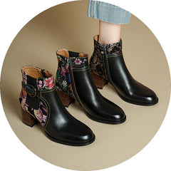 Socofy Autumn Winter Round Toe Color Block Leather Short Boots