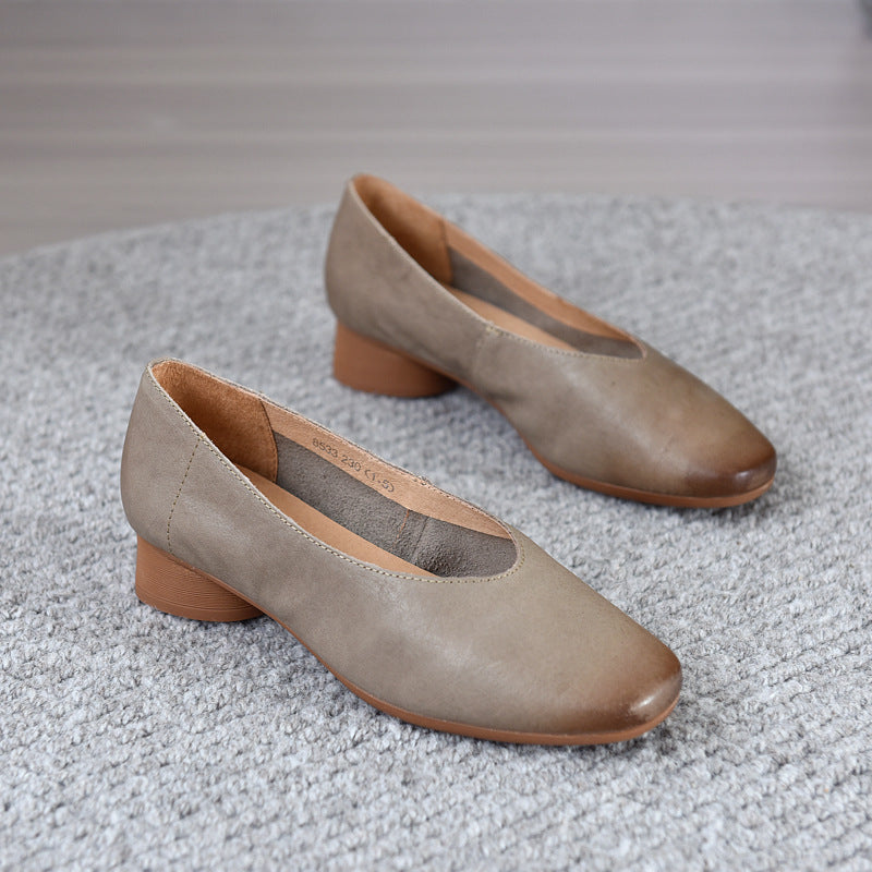 2025 Vintage Genuine Leather Mid Heel Scuffed Flat Shoes