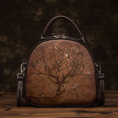 Socofy Full Grain Leather Handmade Deer Print Shell Bag