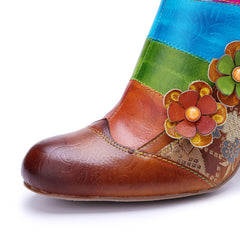 Socofy Handmade Leather Floral Side Zipper Short Boots