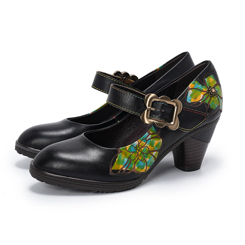 Socofy Vintage Cowhide Handmade Mid Heels