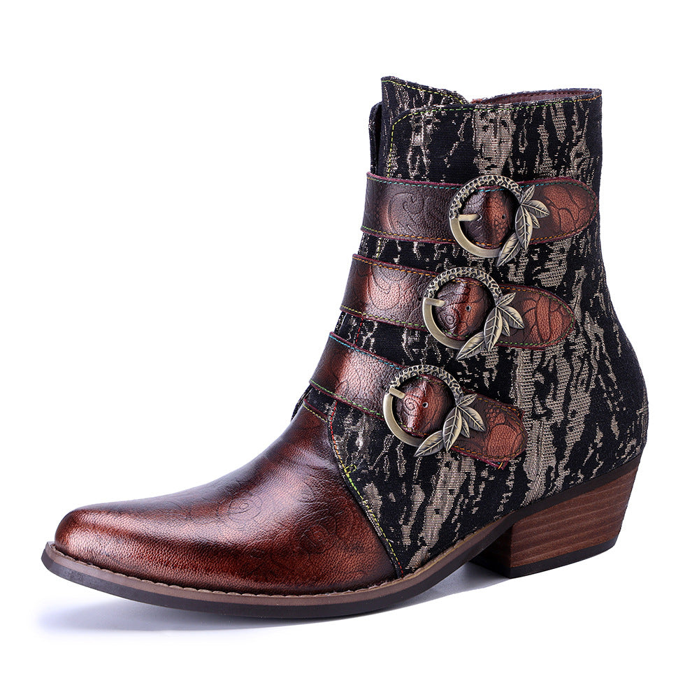 Socofy Handmade Leather Vintage Denim Side Zipper Boots