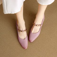 Socofy Autumn Leather Square Toe Retro Chunky Heel Shoes