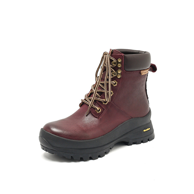 Socofy Retro Leather Thick Sole Mid Heel Martin Boots