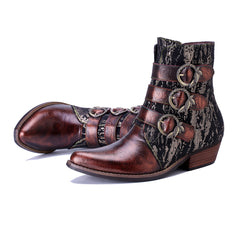 Socofy Handmade Leather Vintage Denim Side Zipper Boots