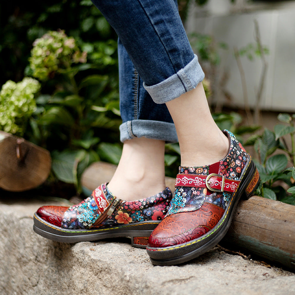 Socofy spring retro women's shoes genuine leather ethnic style flat shoes