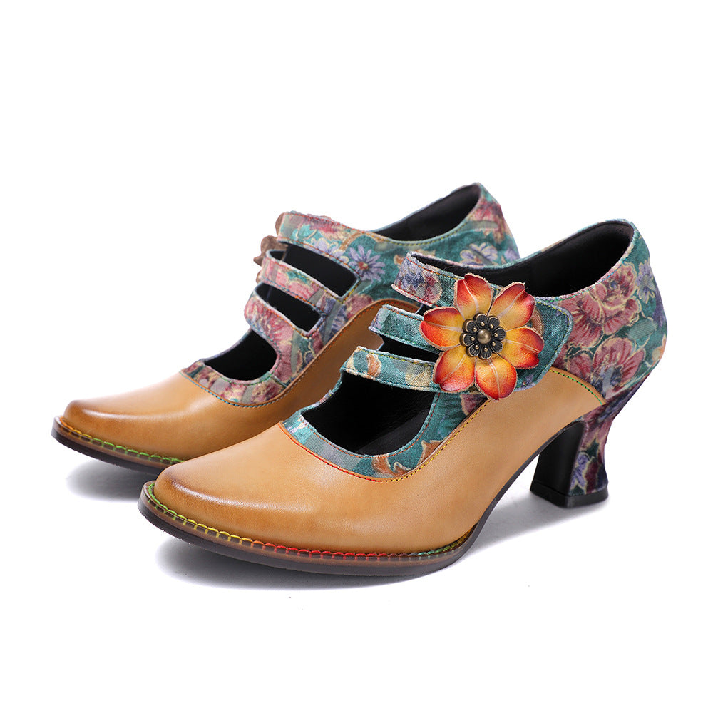 Socofy Leather Flower Decoration Embroidered High Heeled Sandals