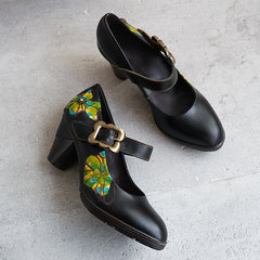 Socofy Vintage Cowhide Handmade Mid Heels