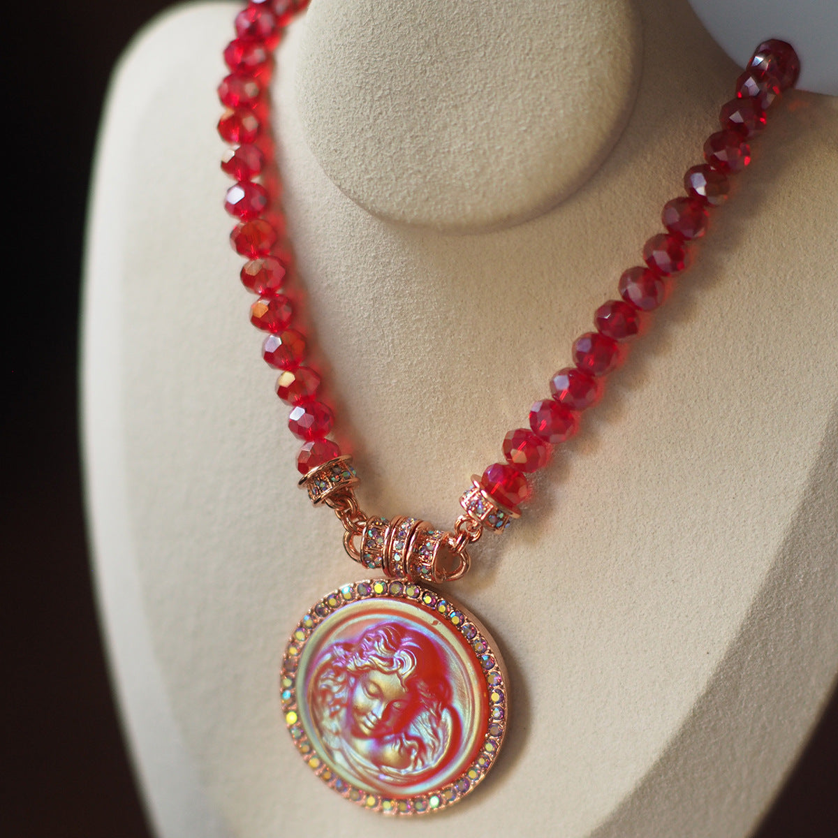 Handmade Sleeping Angel Cameo Crystal Beaded Necklace