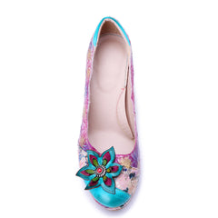Socofy Handmade Leather Vintage Floral High Heels