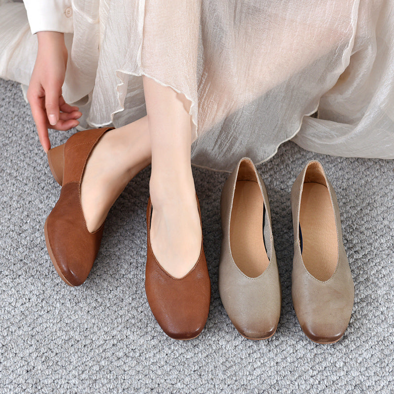 2025 Vintage Genuine Leather Mid Heel Scuffed Flat Shoes