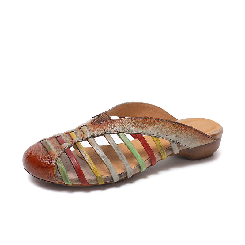 Socofy Summer Breeze Retro Handmade Leather Low Heel Closed Toe Slippers