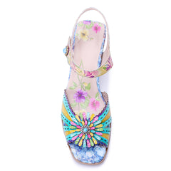 Socofy Handmade Leather Baroque Flower High Heel Sandals