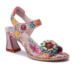 Socofy Summer Handmade Leather Baroque Floral High Heel Sandals
