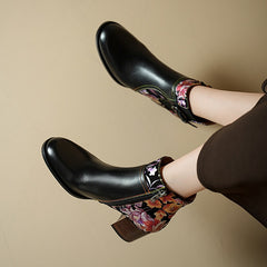 Socofy Autumn Winter Round Toe Color Block Leather Short Boots