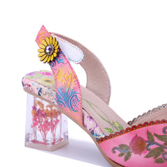 Socofy Handmade Leather Palace Style Carved High Heel Sandals